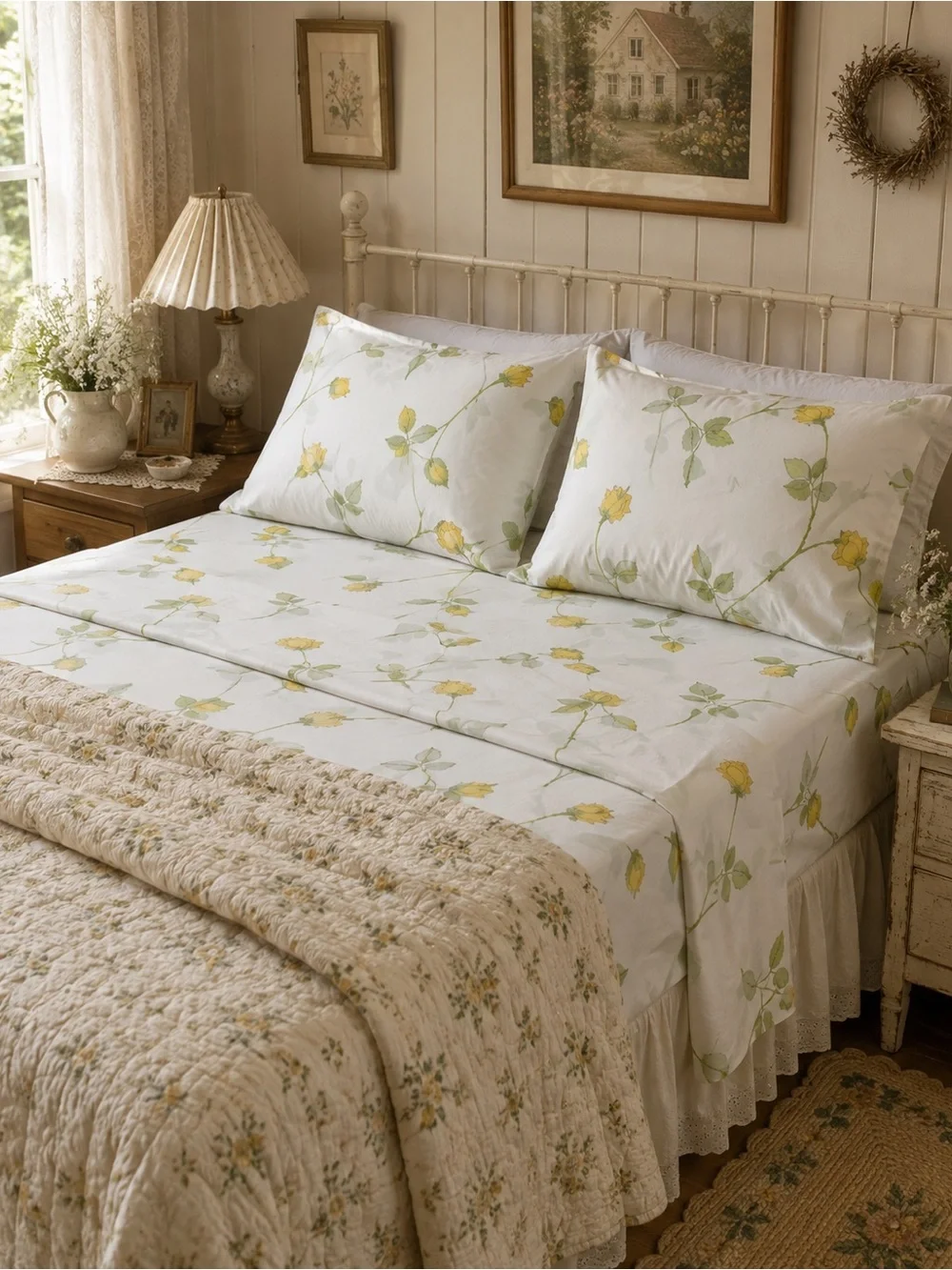 Floral Yellow Rose Cotton Sheet Set - Classic Home Bedding